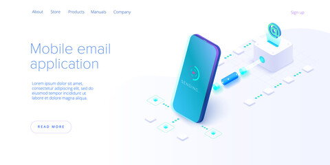 Email service concept isometric vector illustration. Electronic mail message as part of business  marketing. Webmail mobile service layout for website header. Newsletter sending background.