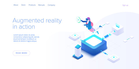Virtual or augmented reality concept in isometric vector illustration. Woman with VR/AR glasses. Female with headset technology. Web banner layout template for website or social media.