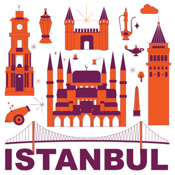 Istanbul culture travel set, famous architectures and specialties in flat design. Business travel and tourism concept isolated on white background. Image for presentation, banner, website, app, advert