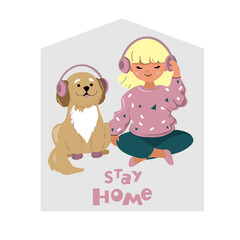 Little girl is listening to music on headphones and a dog on headphones. Quarantine concept. Things to do at your house. Stay at home