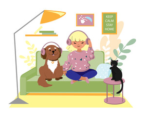 Little girl with a dog listen to music on headphones at home. The concept is quarantine. Stay at home. Vector illustration flat style