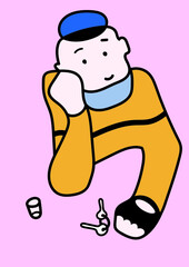 Roadside cafe. Tour in France. Vector color illustration. A cheerful character resting in a bar, after a trip, in a cartoon style.