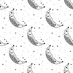 Seamless Pattern Mystical moon with stars. Stars, constellations, moon, crystals.