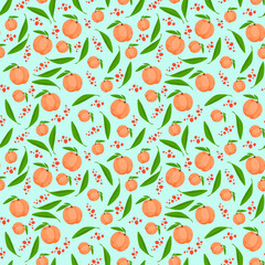 Seamless pattern with peaches, leaves, and dots. Pastel blue wallpaper, background for packaging, fabrics, or other.