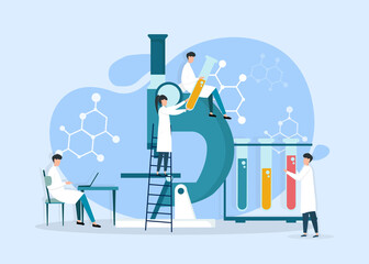 Research Laboratory. Vector Image Of Professional Scientists Working In Medical Lab