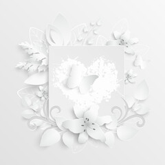 White rose. Square frame with abstract cut flowers. Vector illustration.
