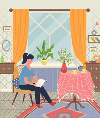 Woman sitting on chair and reading interesting book. Living room with furniture like table and chest. Kettle, cups and vase with flowers on tablecloth. Vector illustration in flat style
