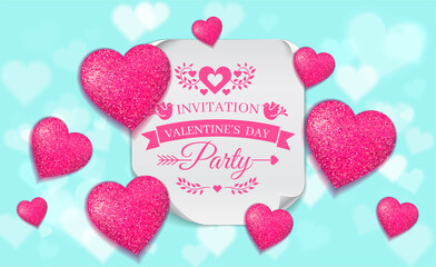 Valentine's Day party flyer. Beautiful invitation with pink and blue heart background and realistic shit of paper with rounded corner and ornate lettering. Invitation to nightclub. Vector.