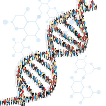 DNA chain made of dozens of people, white background