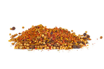 Spices mix with paprica, chili pepper, parsley,caraway, thyme e.t.c. isolated on white background