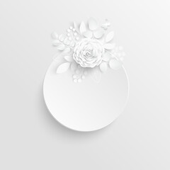Fototapeta na wymiar White rose. Round frame with abstract cut flowers. Vector illustration.