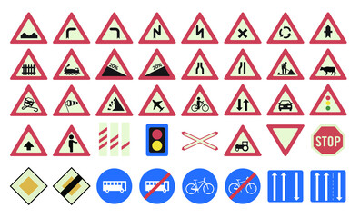 Traffic sign collection vector isolated on white.