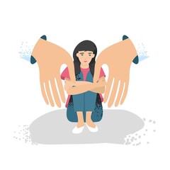 Big arms hug a small sitting girl on white background. Concept banner emotional trauma, psychological protection, support. Poster for centers of psychological assistance. Cartoon vector illustration.
