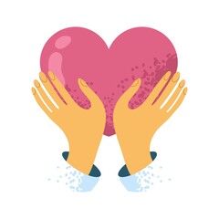 Two hands hold a heart drawn by hand in a modern style. The concept of the banner is about the feeling of love and the desire to give your care. Valentine's day card. Cute cartton vector illustration