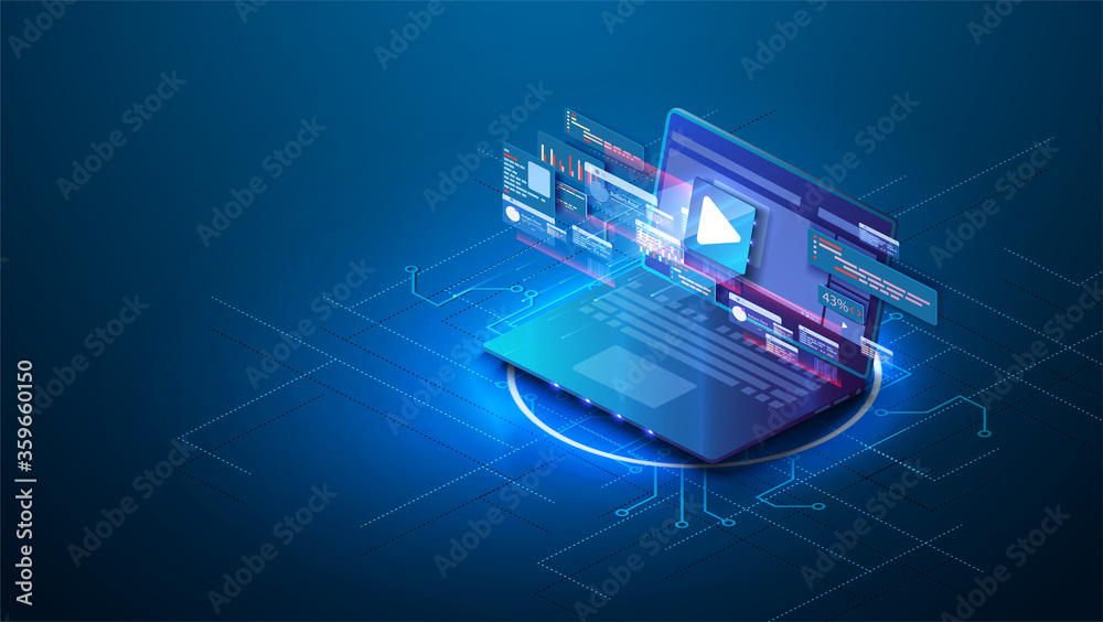 Poster adaptive design of the landing page for video marketing with isometric illustration of the browser w