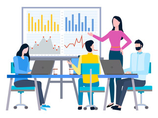 Woman giving presentation to workers of company. Coach showing data on board. Whiteboard with charts and info. People listening to boss giving ideas on business improvement. Vector in flat style