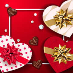 Happy Valentines day background. Set of beautiful romantic gift boxes in heart shape composition on red love background. Perfect for greeting card, shop banner. Give gifts to loved ones Vector. © nikelser