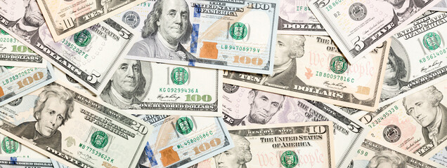 Top view of various dollar cash background. Different banknotes concept. Wealth and rich concept