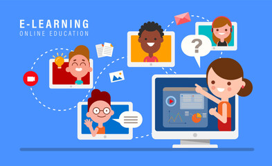 E-learning online education concept illustration. Online teacher on computer monitor. Kids studying at home via internet.