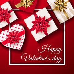 With love greeting card. Happy Valentine's Day Background . Gift boxes in heart shape on red love background. Vector illustration.