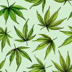 pattern of cannabis leaves on a green background.marijuana pattern. Green hemp leaves. Hand drawn illustration