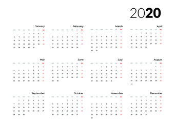 Calendar for year 2020 Week starts with monday