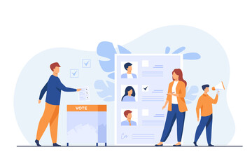 Election or referendum campaign. Citizens voting for candidates, inserting survey form to ballot box. Vector illustration for democracy, vote polling, choice, society, constitution concept - obrazy, fototapety, plakaty