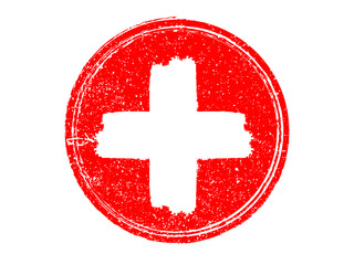 Grunge cross in red circle. Medical, hospital sign . Swiss flag symbol . Vector