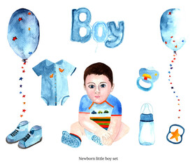 Newborn boy set with balloons isolated on white background.