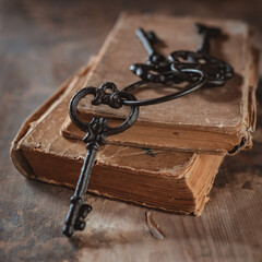 old vintage keys on an old battered book, wooden background.