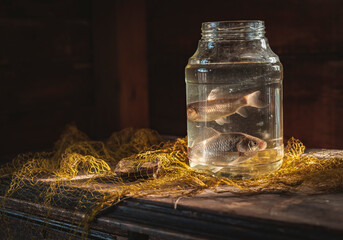 Two carp fish in a glass jar on the table with a fishing net. Fishing still life.