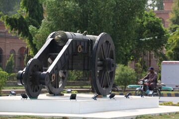 Nawab of Bahawalpur cannon on wheels for war, Castle cannon for defend. Ancient Gun Barrel of the castle. Antique cannons on gun carriage. Gun Barrel.Old cannon large. Ancient black cannon. Black old 