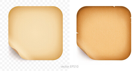 Vector set of rounded square banners. Empty mockup with a realistic textures. Pieces of vintage paper and rough parchment. Detailed templates of label or tag with a folded edges. Transparent shadows.