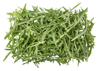 Leaves lettuce arugula. Top view. Vegetable still life. Healthy eating, isolated on white background.