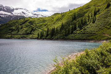 Morasco Lake (VCO), Italy - June 21, 2020: The landscape and Morasco Lake, Morasco Lake, Formazza Valley, Ossola Valley, VCO, Piedmont, Italy