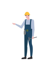 Worker in suit holding hammer, employee character wearing suit and helmet, portrait and full length view of engineer or builder, standing man vector