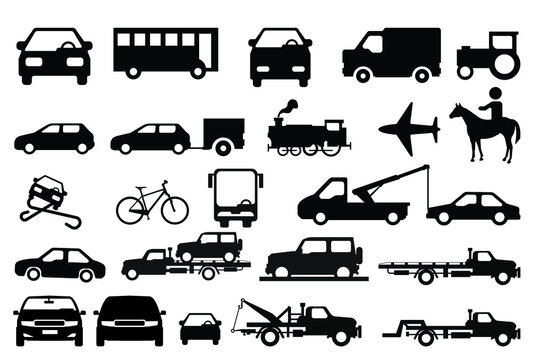 Transport icons car, plane, horse, Car Towing Truck
