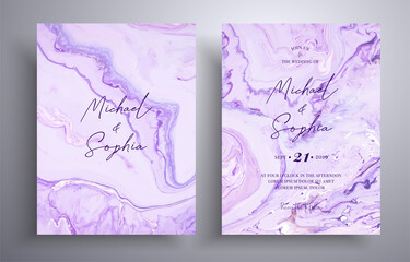 Modern set of wedding invitations with stone texture. Agate vector covers with marble effect and place for text, lavender, purple and white colors. Designed for greeting cards, packaging and etc