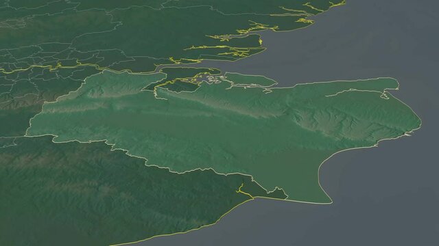 Kent, administrative county with its capital, zoomed and extruded on the relief map of England in the conformal Stereographic projection. Animation 3D