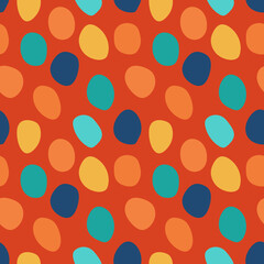 Abstract blue, yellow and cyan seamless vector pattern on orange background. Editable neon rocks EPS10 print for apparel, textile, fabric. 