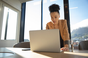 Mixed raced business woman using her laptop
