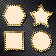 Star, rhombus and round shaped frames set with small light bulbs. Bright mirror or background element. Golden illuminated neon decoration. Retro style vector