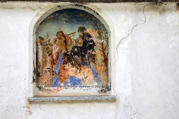Canza (VCO), Italy - June 21, 2020: A religius paint at Canza village, Formazza Valley, Ossola Valley, VCO, Piedmont, Italy