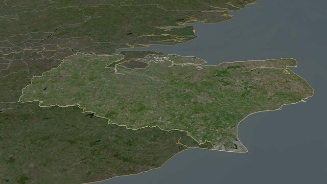 Kent, administrative county with its capital, zoomed and extruded on the satellite map of England in the conformal Stereographic projection. Animation 3D