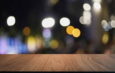 Wood Table Top in Blur Background room interior with empty copy space.