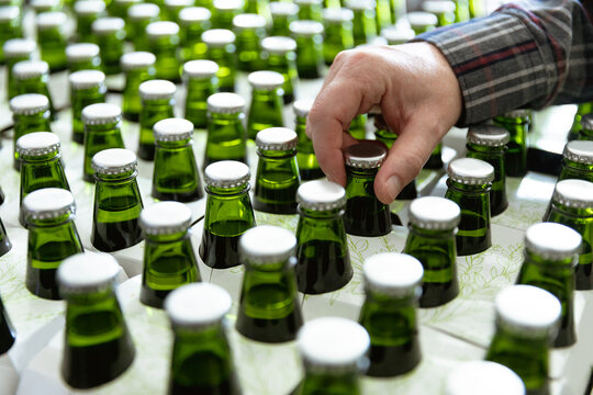 Caucasian worker man in a brewery and bottles of beer