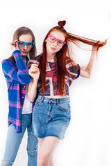 best friends teenage girls together having fun, posing emotional on white background, besties happy smiling, lifestyle people concept