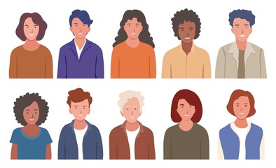Bright people portraits set - hand drawn flat style vector design concept 
illustration of young men and women, male and female faces 
and shoulders avatars. Flat style vector icons set