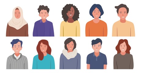 Bright people portraits set - hand drawn flat style vector design concept 
illustration of young men and women, male and female faces 
and shoulders avatars. Flat style vector icons set