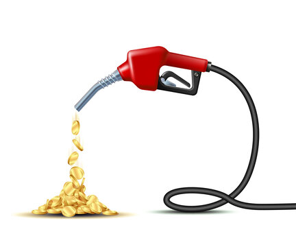 Stream Of Gold Coins Pours From The Fuel Handle Pump Nozzle With Hose.